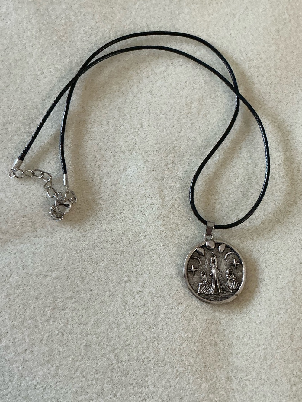 Silver Medallion Pendant on Black Cord Necklace 21” total length